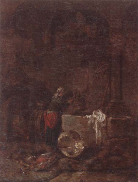 A woman drawing water from a well under an arcade